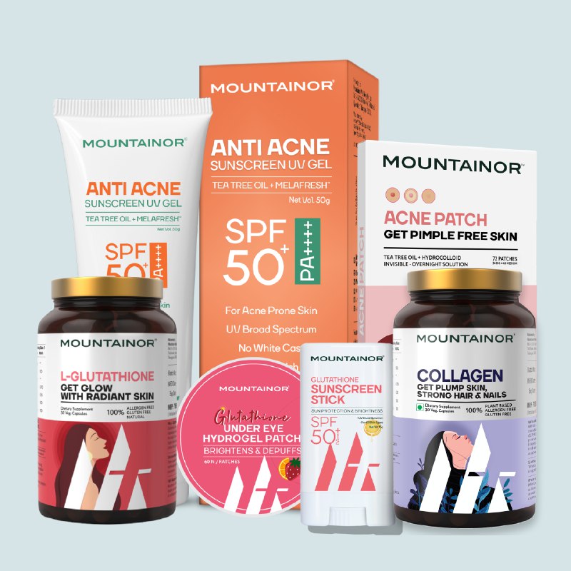 Complete Skin Care Kit by Mountainor || Glutathione, Collagen, UV Gel Sunscreen, Under Eye Patch, and Pimple Patches