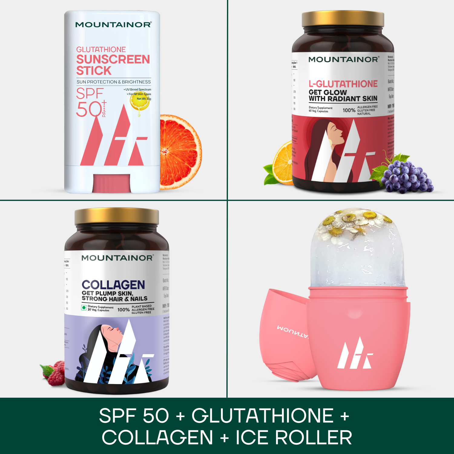 L-Glutathione 60 Capsules + Collagen 60 Caps  + SPF 50 Sunscreen + Ice Roller