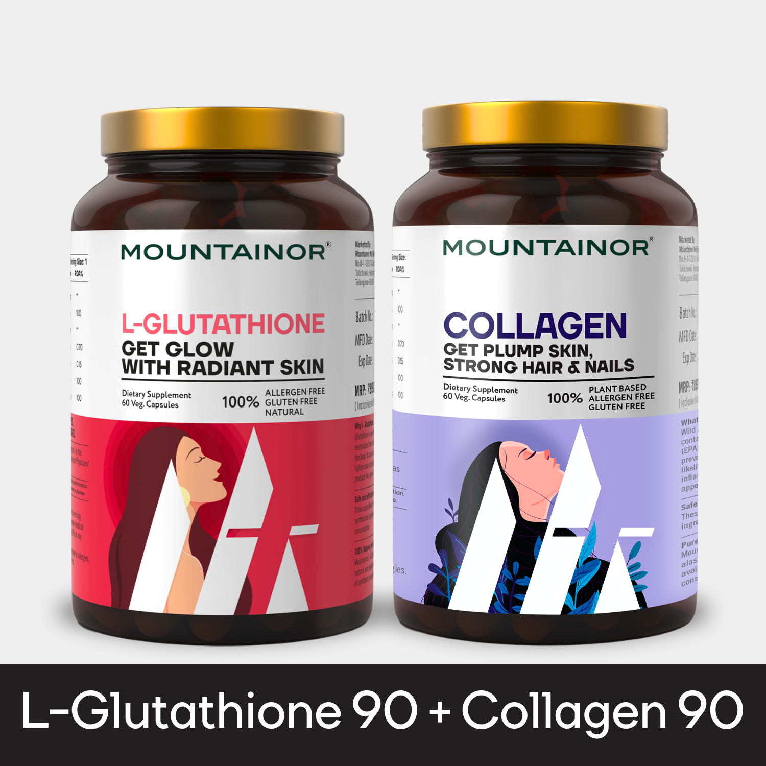 L-Glutathione(90Caps) + Collagen (90Caps) For Glowing Skin & Strong Hairs.