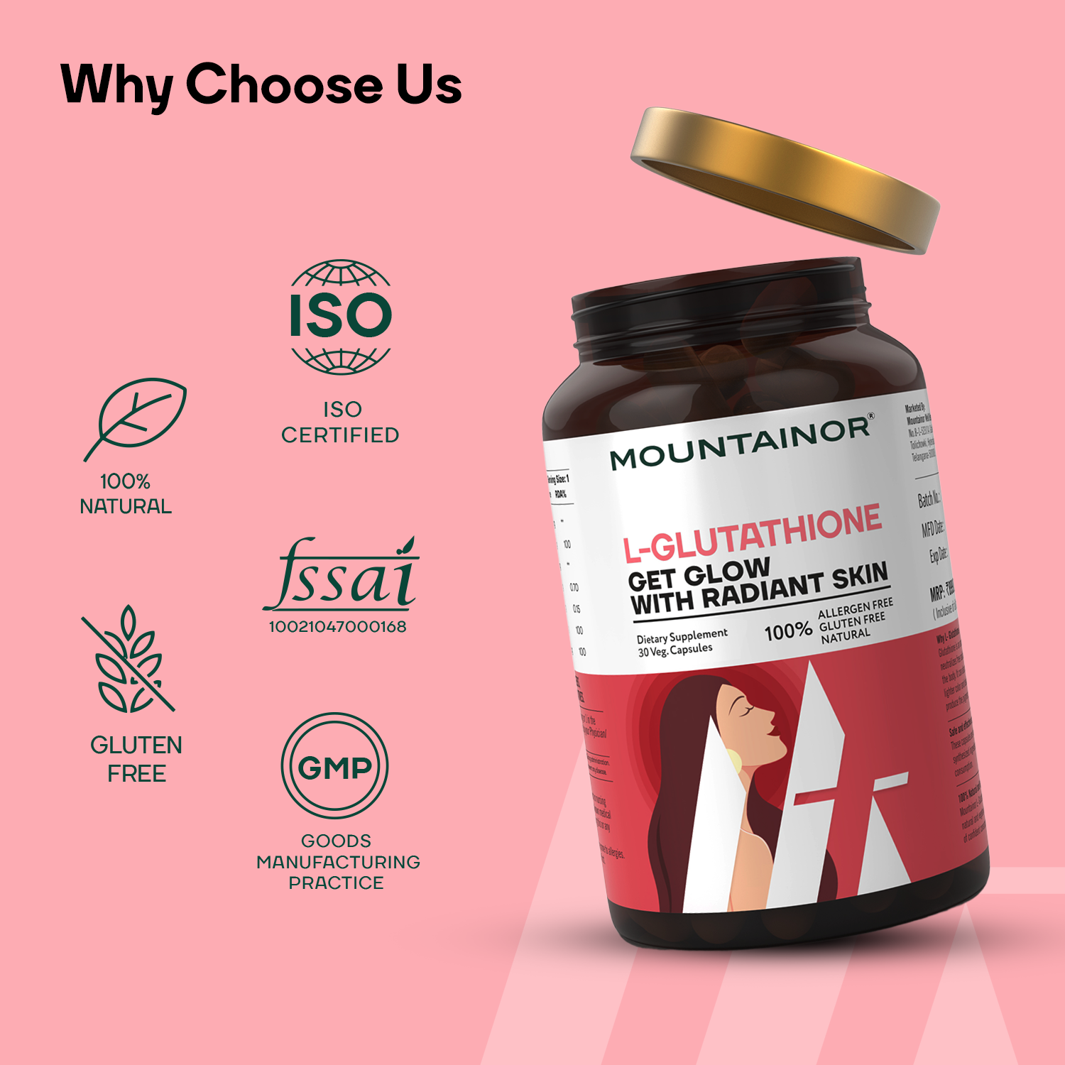 L-Glutathione REDUCED™ 1000mg Caps , For Korean Glowing, Radiance Skin with Vitamins C