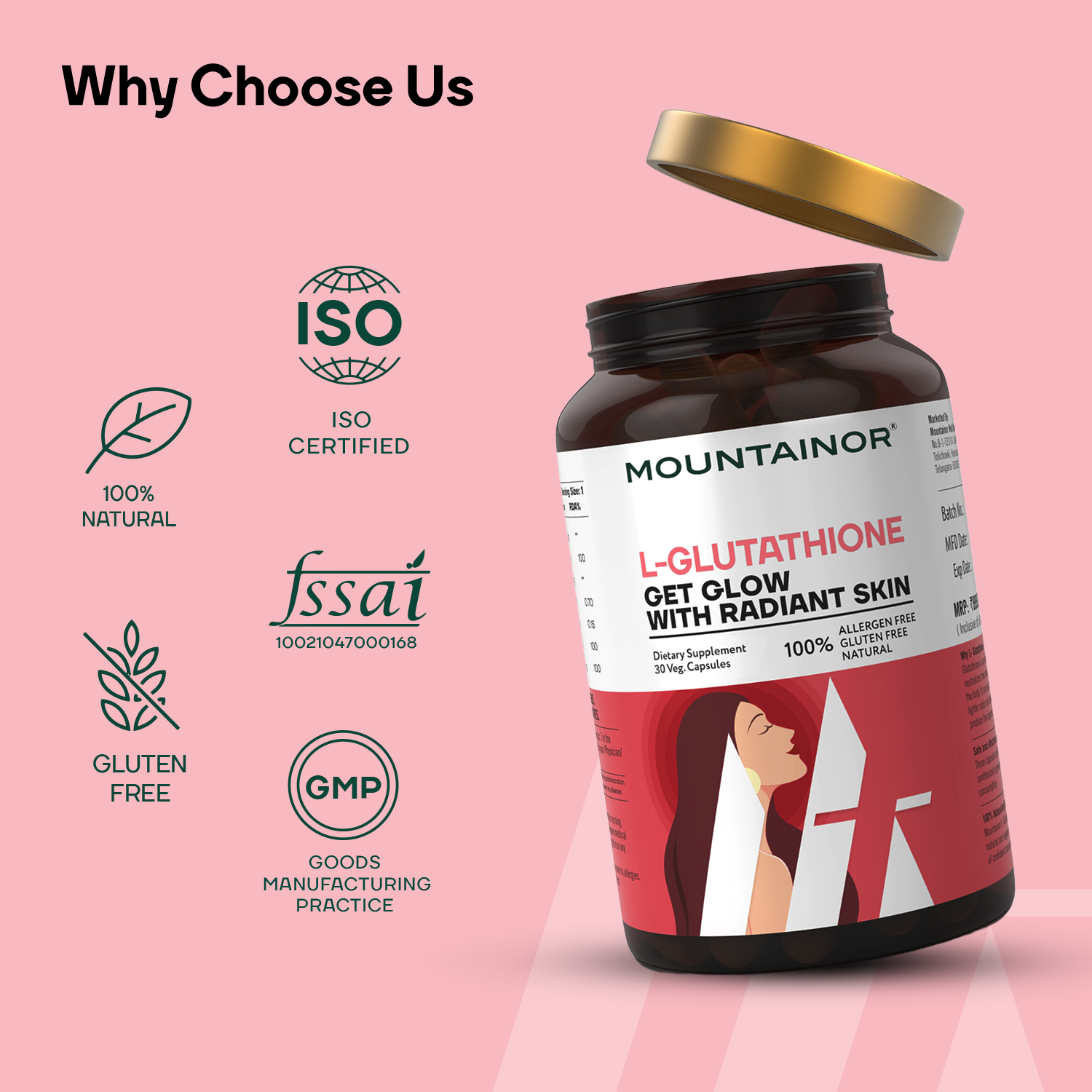 L-Glutathione REDUCED™ 1000 mg Caps , For Korean Glowing, Radiance Skin with Vitamins C